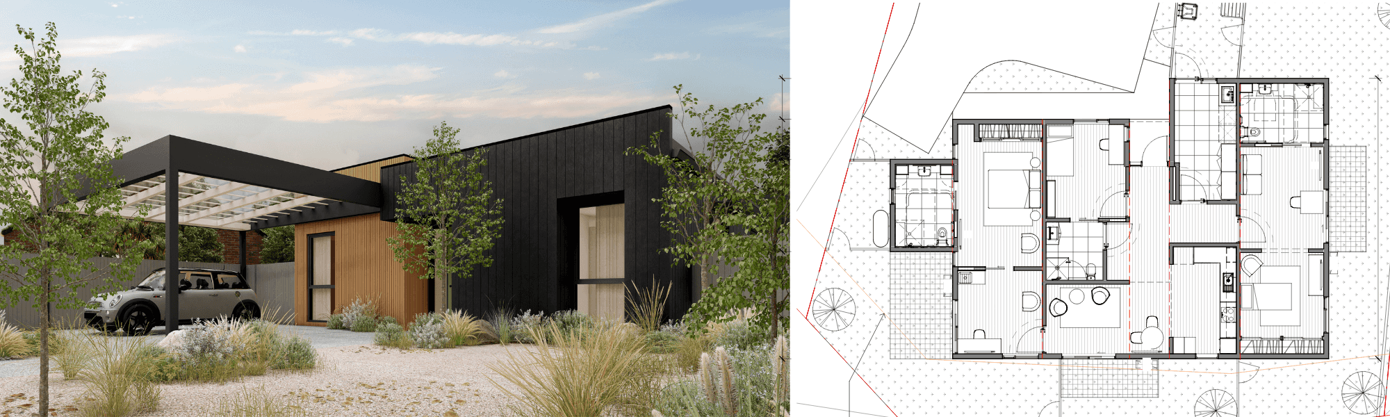 Image of a modern accessible home and floorplan