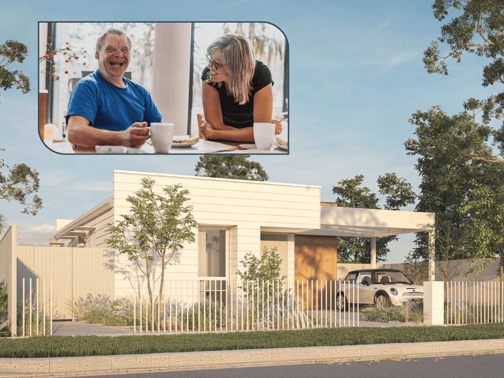 Image of smiling people and a house